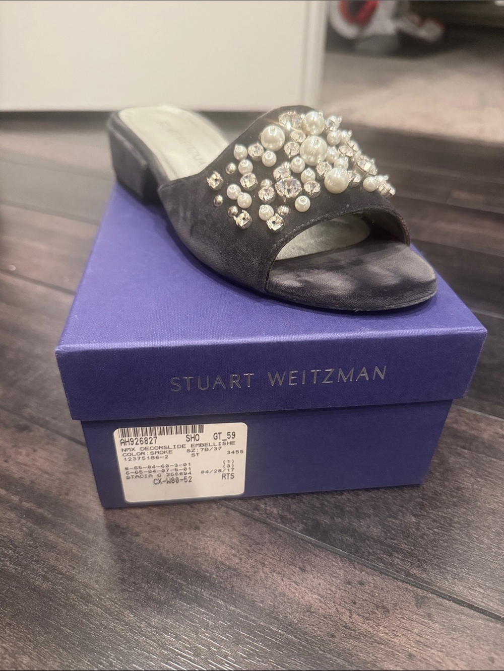 Stuart Weitzman Black Pearl & Crystal Embellished Slide Mules